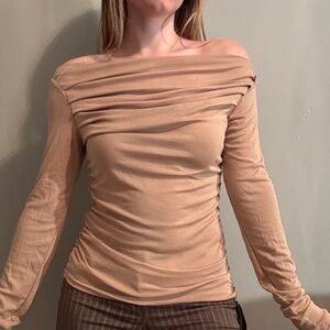 Meeitrendi Ruched Off the Shoulder Tan Long Sleeve Top.